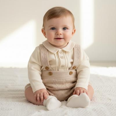 Nursery Time BIS-2020-2526 All sizes = 5035320225265 NT2020-2526-T Taupe Knitted Short Dungaree Set (NB-6m)