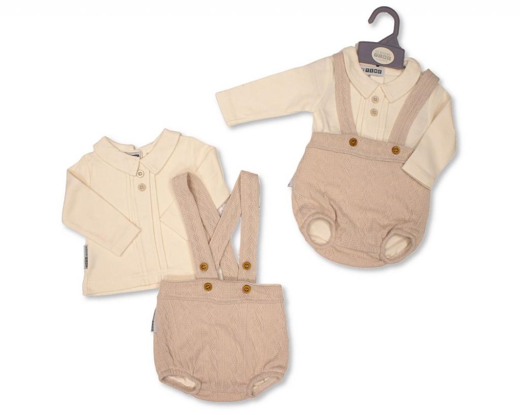 Nursery Time BIS-2020-2526 All sizes = 5035320225265 NT2020-2526T Taupe Knitted Short Dungaree Set (NB-6m)