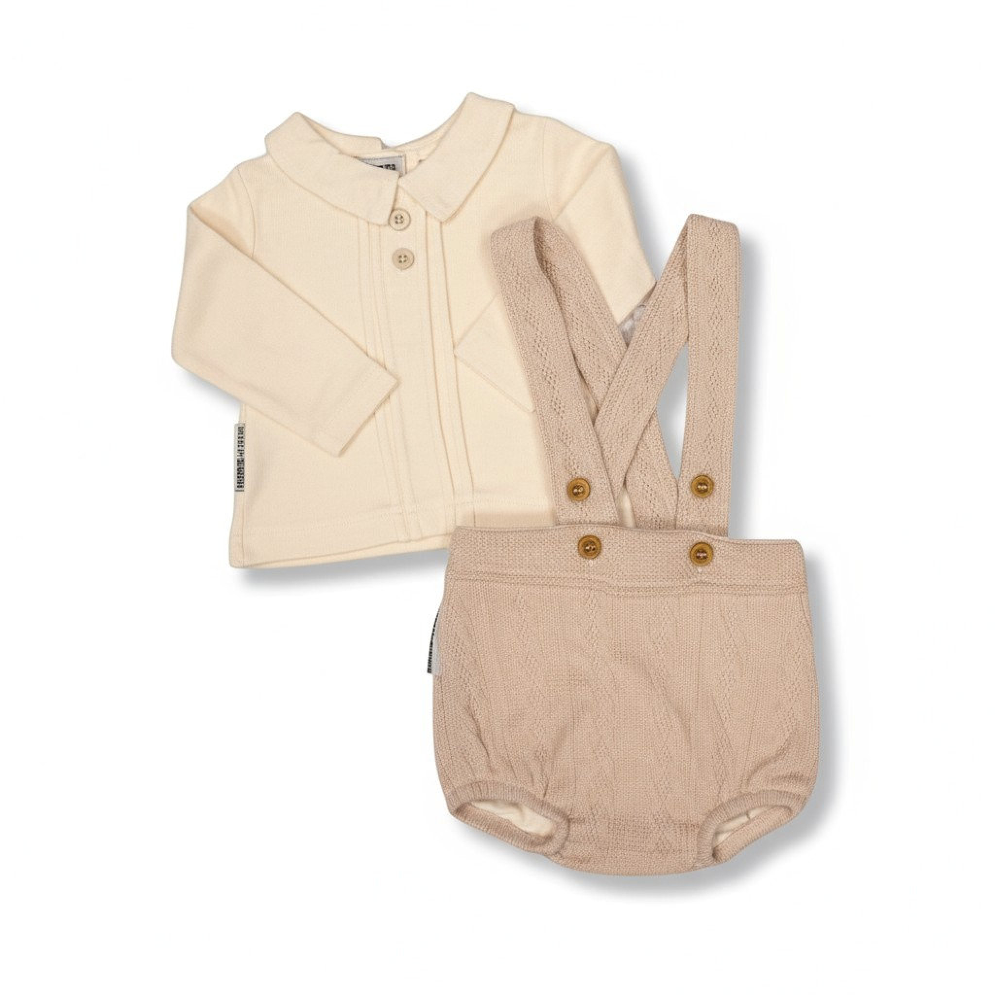 Nursery Time BIS-2020-2526 All sizes = 5035320225265 NT2020-2526T Taupe Knitted Short Dungaree Set (NB-6m)