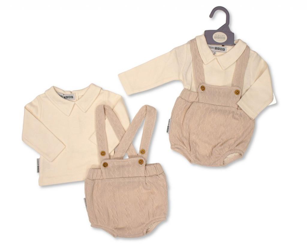 Nursery Time BIS-2020-2528T All sizes = 5035320225289 NT2020-2528T Taupe Knitted Short Dungaree Set (NB-6m)