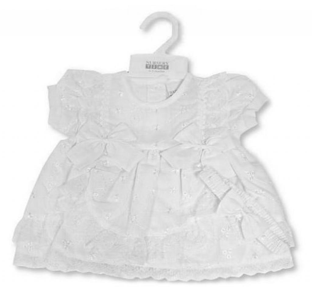 Nursery Time 2120-6091 5035320060917 NT2120-6091-W Embroidered Lace and Bow Dress Set (Nb-6m)