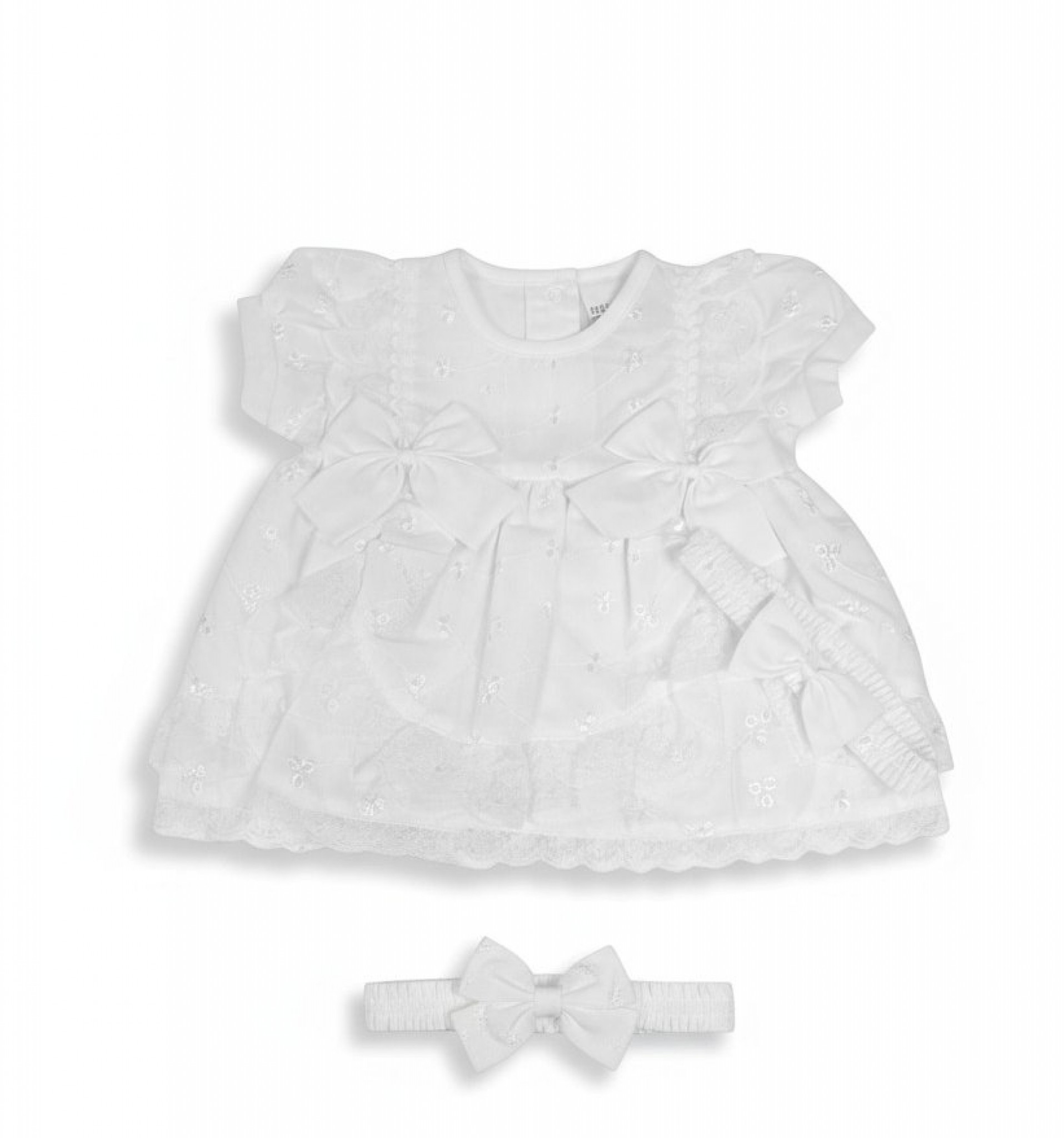 Nursery Time 2120-6091 5035320060917 NT2120-6091W Embroidered Lace and Bow Dress Set (Nb-6m)