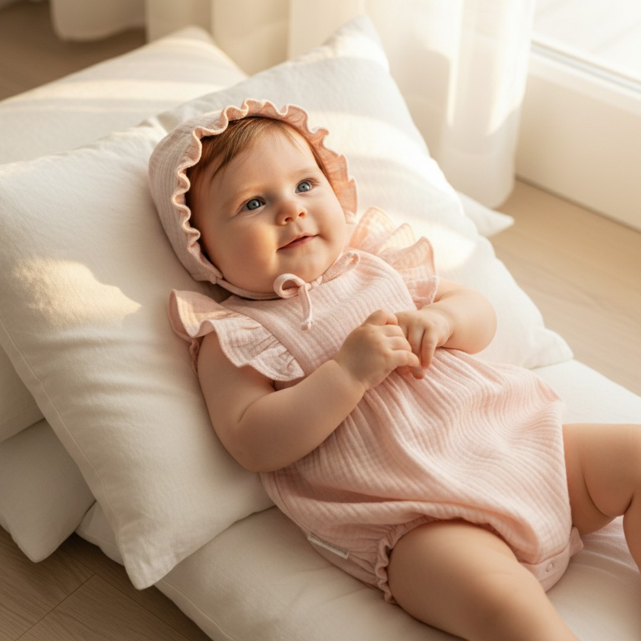 Nursery Time 2120-6169 5035320161693 NT2120-6169-p Muslin Frills Romper & Hat(3-12 months)