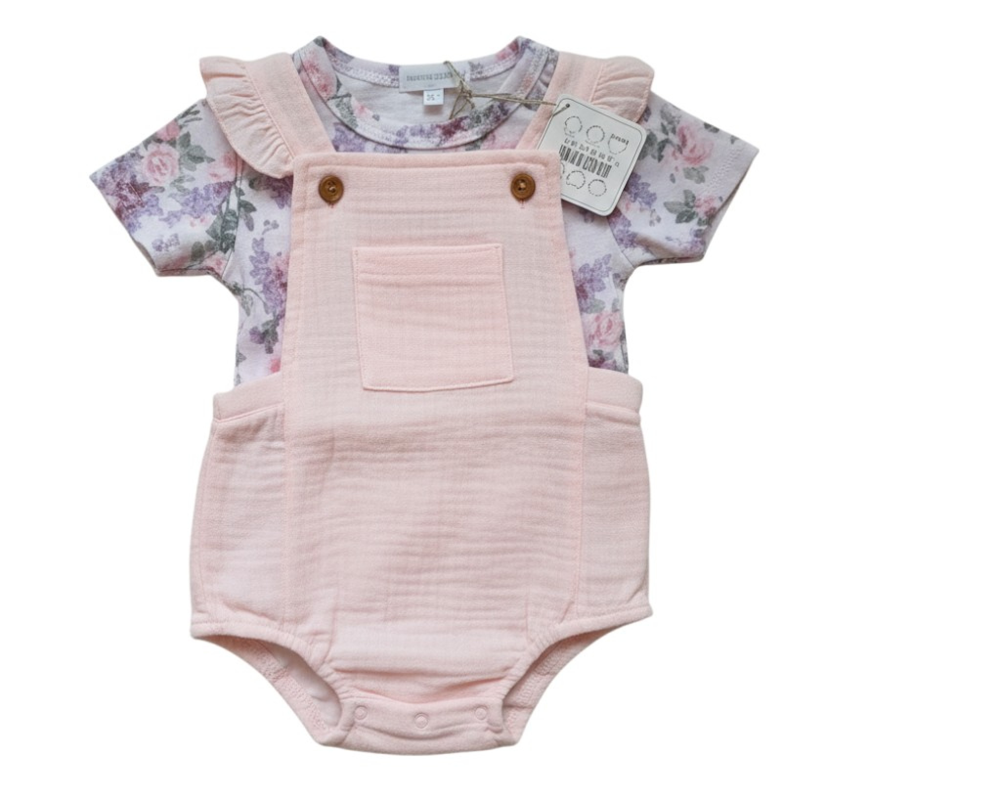 Nursery Time 2120-6171 5035320161716 NT2120-6171-P Muslin "Floral" Dungaree Set (3-12 months)