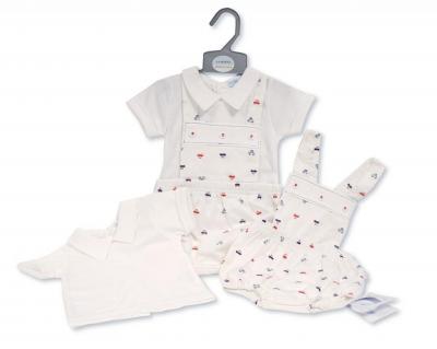 Nursery Time Bis-2120-6183 5035320161839 NT2120-6183W "Cars" High Leg Dungaree Set (0-6 months)