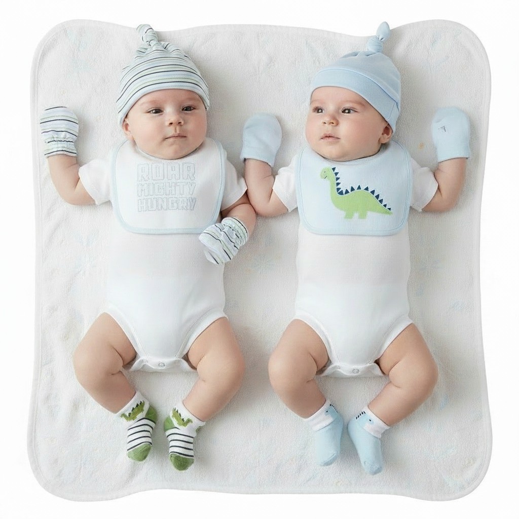 Nursery Time GP-25-1358 5035325213588 NT25-1358 8 Piece "Dino" Bib, Hat, Mitts and Socks Set (0-3m)