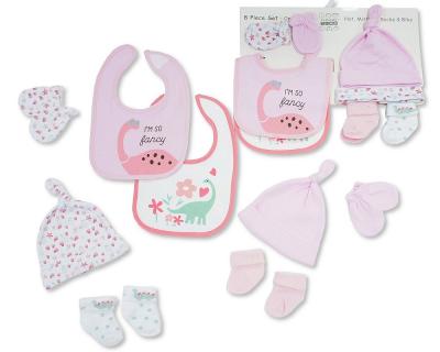 NT25-1357  8 Piece "Dino" Bib, Hat, Mitts and Socks Set  (0-3m)