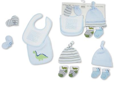NT25-1358  8 Piece "Dino" Bib, Hat, Mitts and Socks Set  (0-3m)