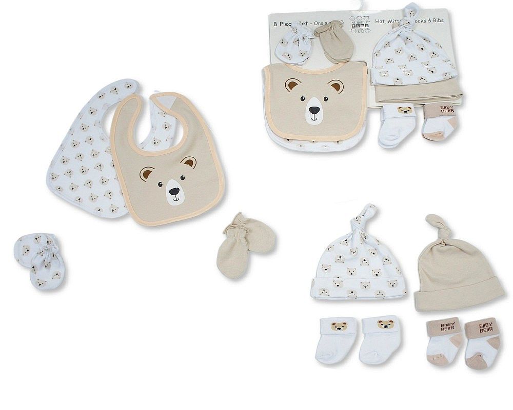 Nursery Time GP-25-1359 5035325213595 NT25-1359 8 Piece "Bear" Bib, Hat, Mitts and Socks Set (0-3m)