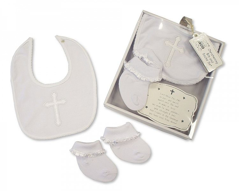 Nursery Time GP-2516-0710 5035320257105 NT2516-0710 Christening Socks and Bib Set (0-6 months)