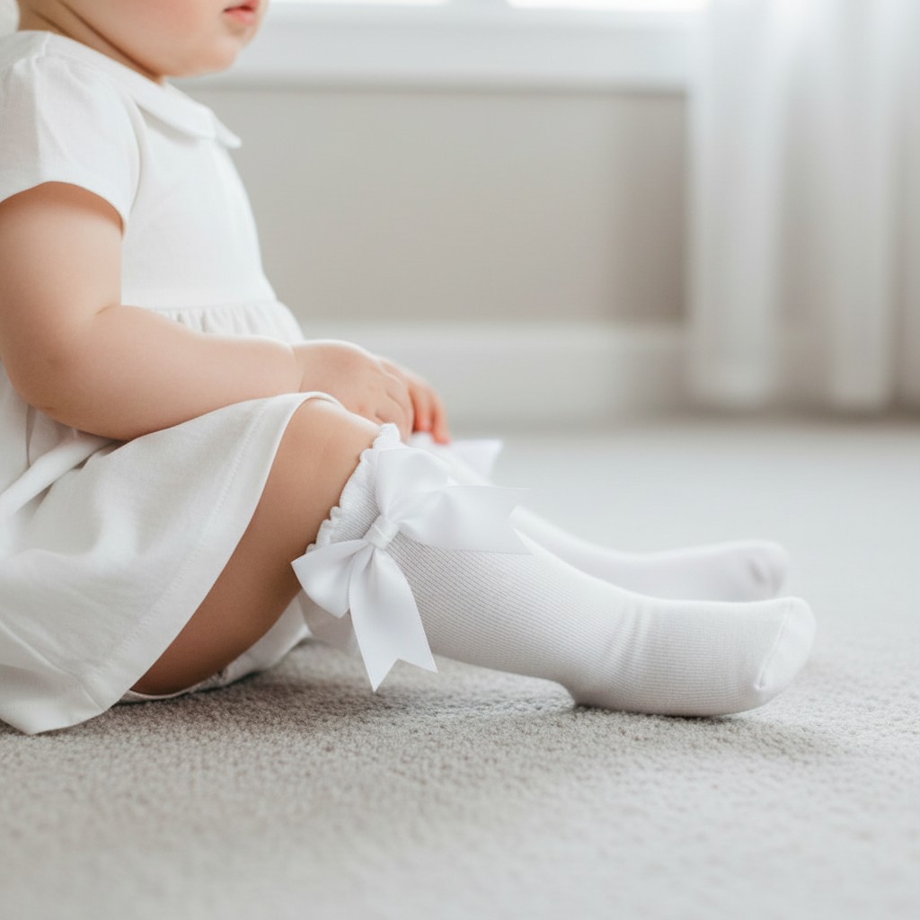 Nursery Time  * NT61-2224-W White Knee Length "Bow" Socks (0-18 months)