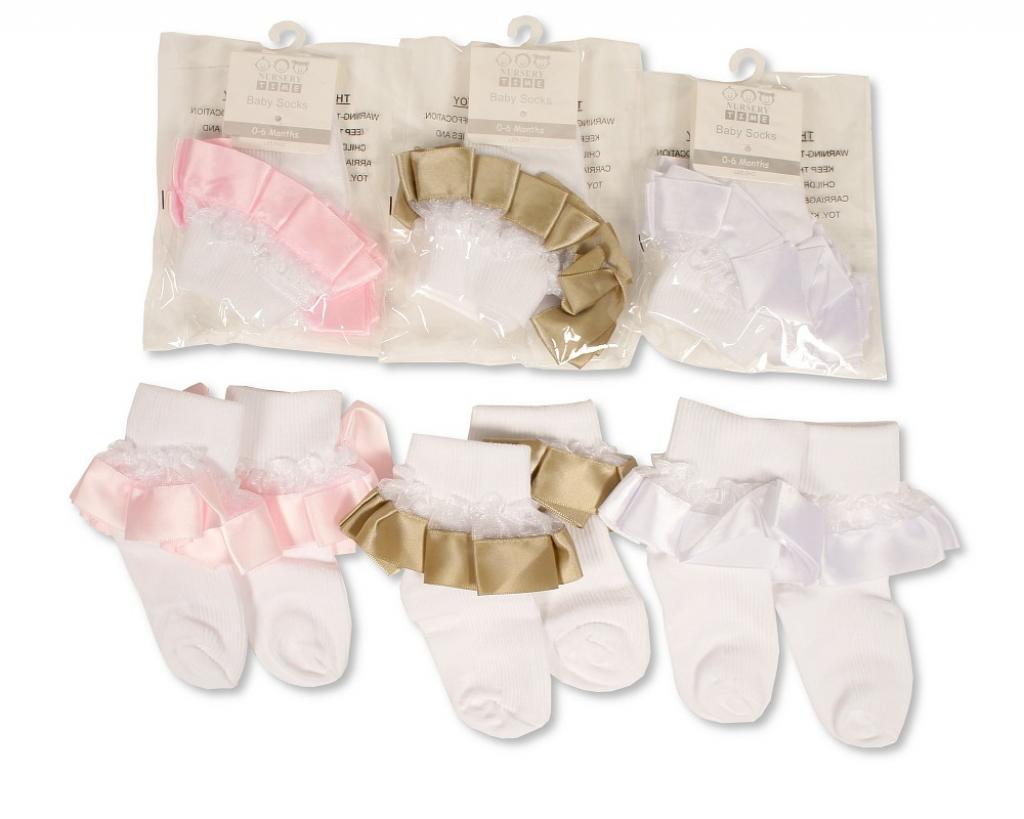 Nursery Time  * NT61-2233 Lace and Ribbon Ankle Socks (0-18m - Choose Colour)