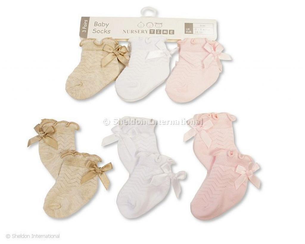 Nursery Time BW-61-2237 0-3m = 5035320402376, 3-6m = 5035320432373 NT61-2237 Triple Pack "Bow" Socks (Choose Size 0-6m)