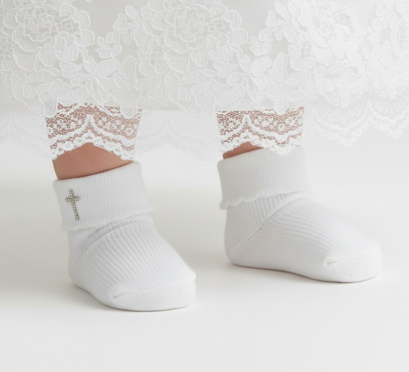 Nursery Time BW-61-2239 0-3m = 5035320102399, 3-6m = 5035320132396 NT61-2239-W Silver "Cross" Christening Socks (Choose Size 0-6m)