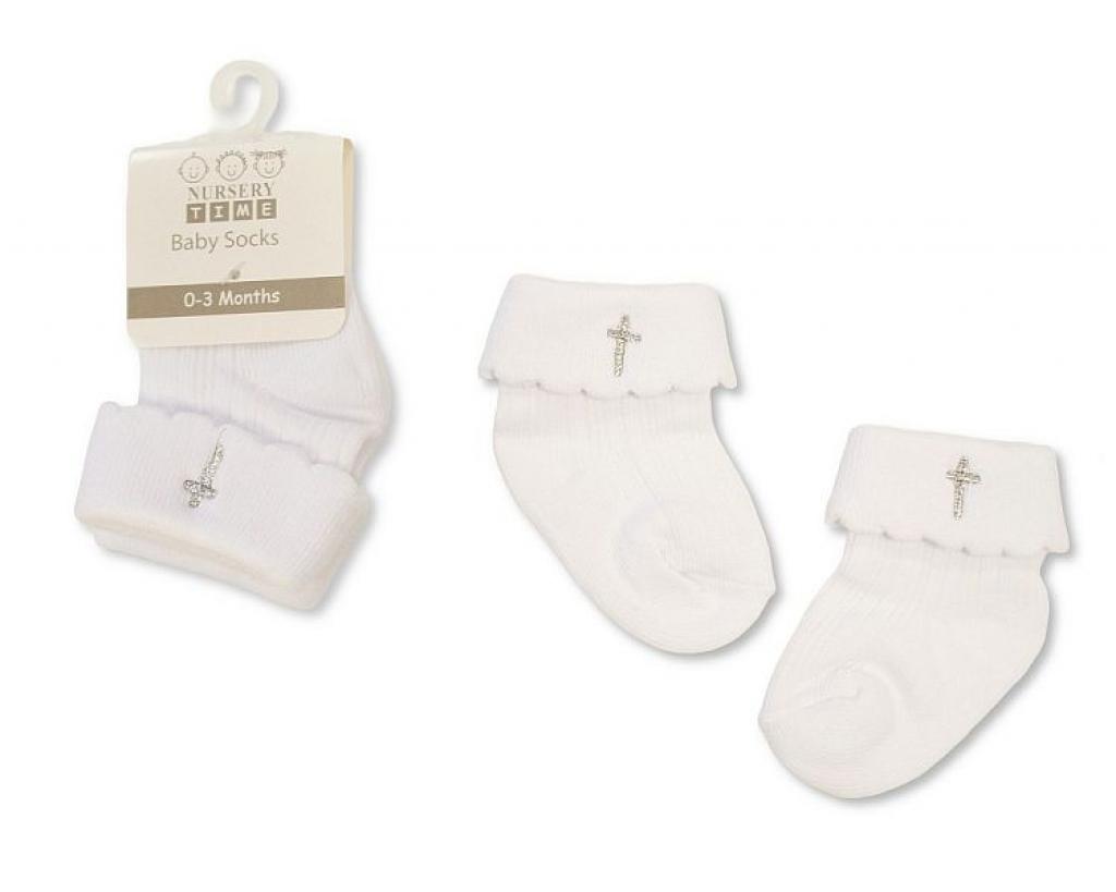 Nursery Time BW-61-2239 0-3m = 5035320102399, 3-6m = 5035320132396 NT61-2239 Silver "Cross" Christening Socks (Choose Size 0-6m)
