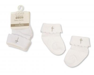 Nursery Time BW-61-2239 0-3m = 5035320102399, 3-6m = 5035320132396 NT61-2239W Silver "Cross" Christening Socks (Choose Size 0-6m)