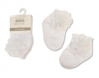 Nursery Time BW-61-2241 0-3m = 5035320102412, 3-6m = 5035320132419 NT61-2241W Lace Flower Socks (Choose Size 0-6m)