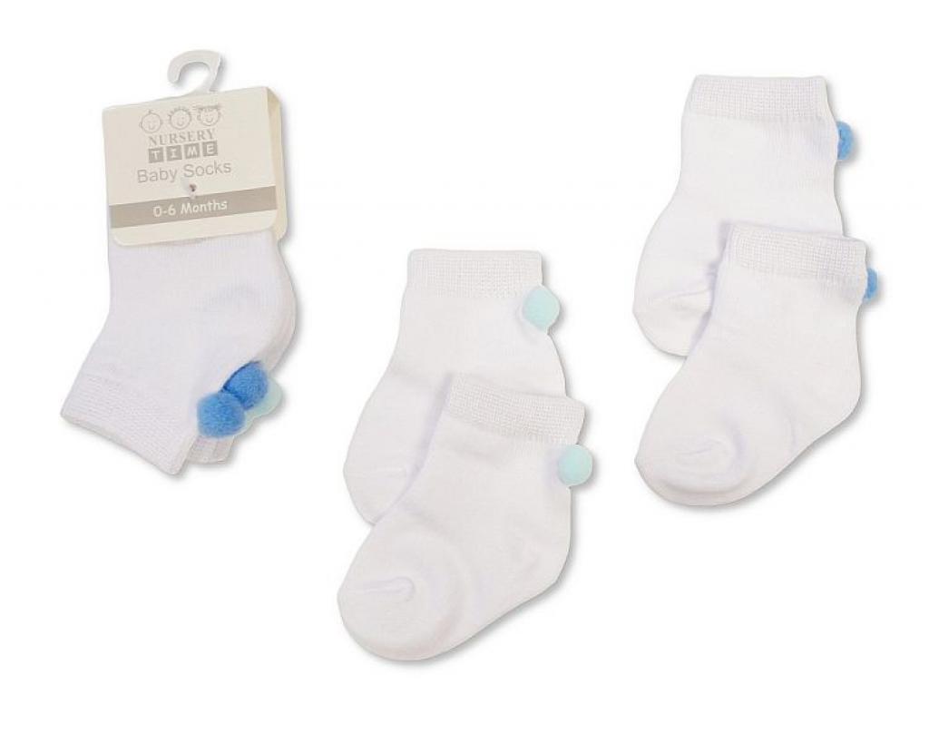 Nursery Time BW-61-2242S 0-6m = 5035320602424, 6-12m = 5035320662428 NT61-2242S Pom Pom Socks (Choose Size 0-12m)