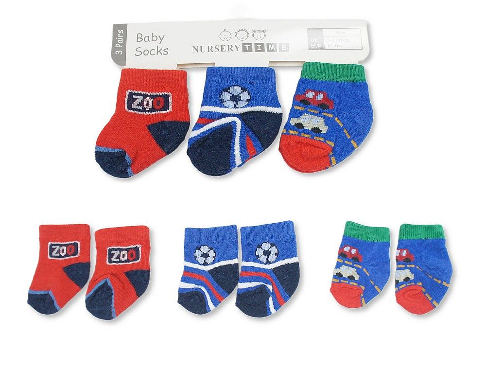 Nursery Time BW-61-2244 0-3m = 5035320322452, 3-6m = 5035320622453 NT61-2245 3 Pack "Football/Car/Zoo" Socks (Choose Size 0-6m)