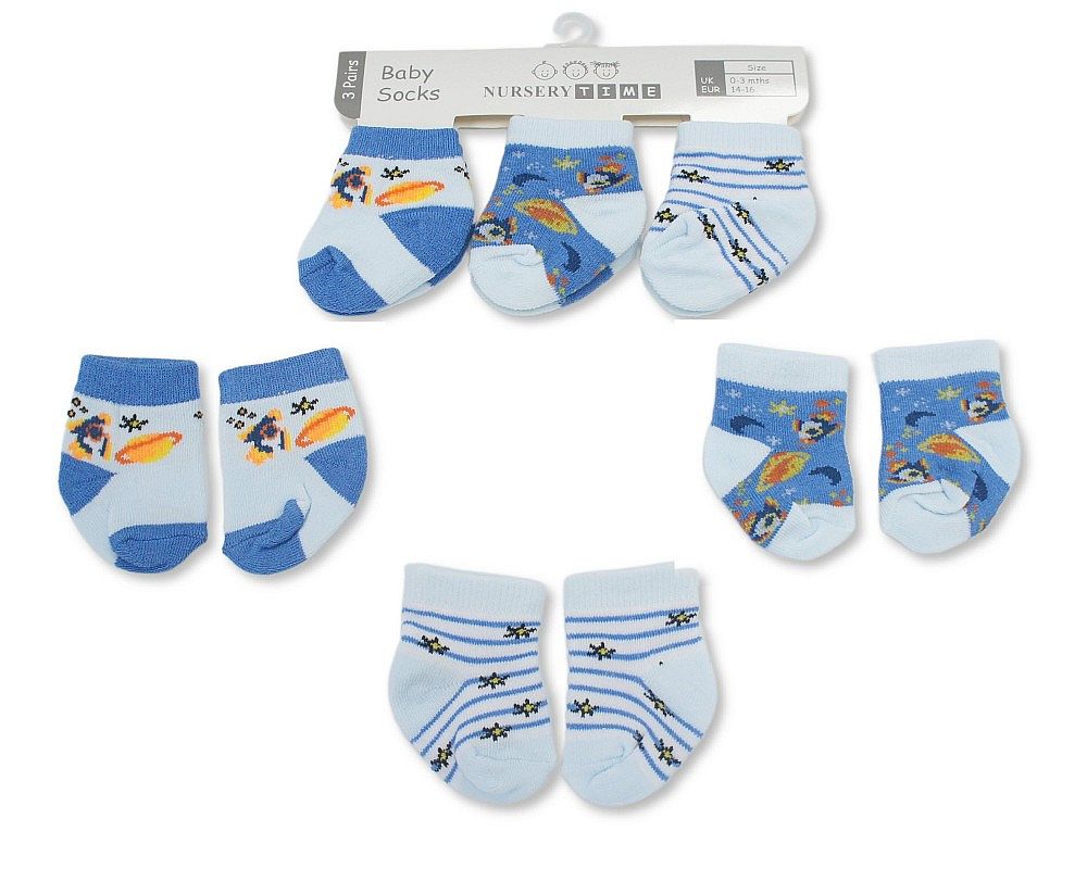 Nursery Time BW-61-2246 0-3m = 5035320322469, 3-6m = 5035320622460 NT61-2246 3 Pack "Space" Socks (Choose Size 0-6m)