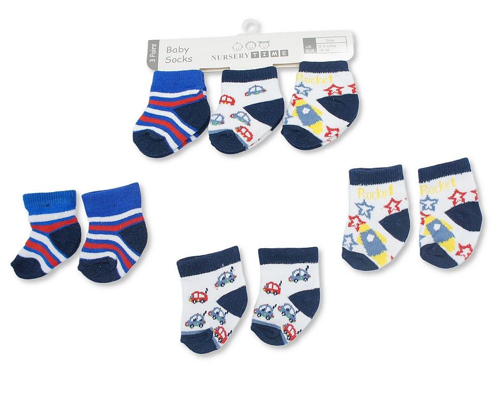 Nursery Time BW-61-2246 0-3m = 5035320322476, 3-6m = 5035320622477 NT61-2247 3 Pack "Cars/Stripes/Stars" Socks (Choose Size 0-6m)