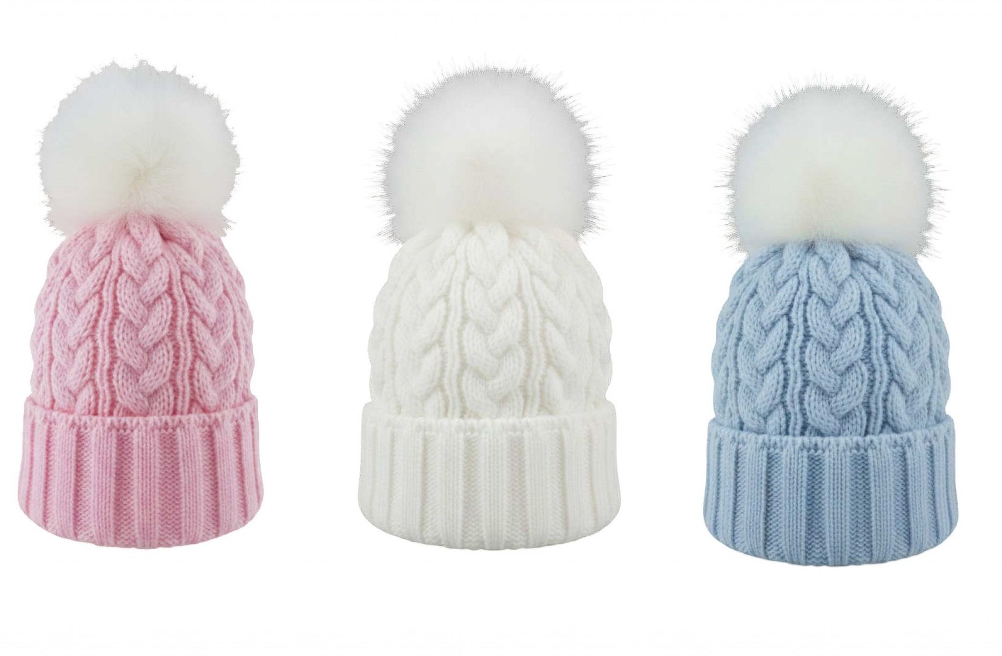 Pesci Baby  5055185825899 PB6131-1PWS Cable Knit Faux Fur Pom Pom Hat (0-6 months)