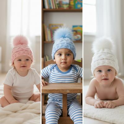PB6132A  Cable Knit Hat with Furry Pom Pom  (6-18m)