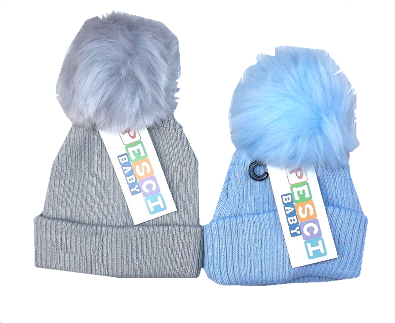 Pesci Baby  5055185817078 PB6086-1 Ribbed Hat with Furry Pom Pom (0-6 months)
