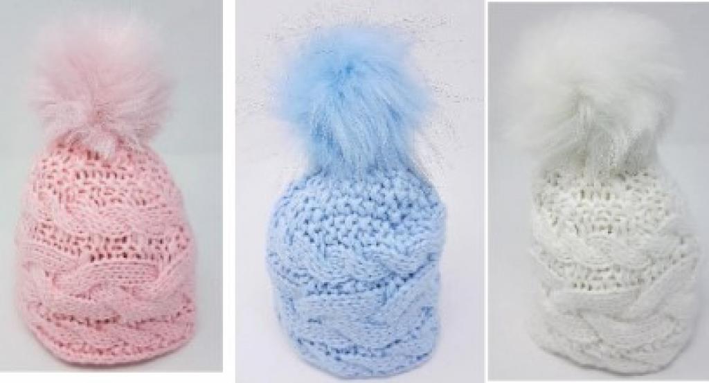 Pesci Kids   PK6132 Cable Knit Hat with Furry Pom Pom (6-18m)