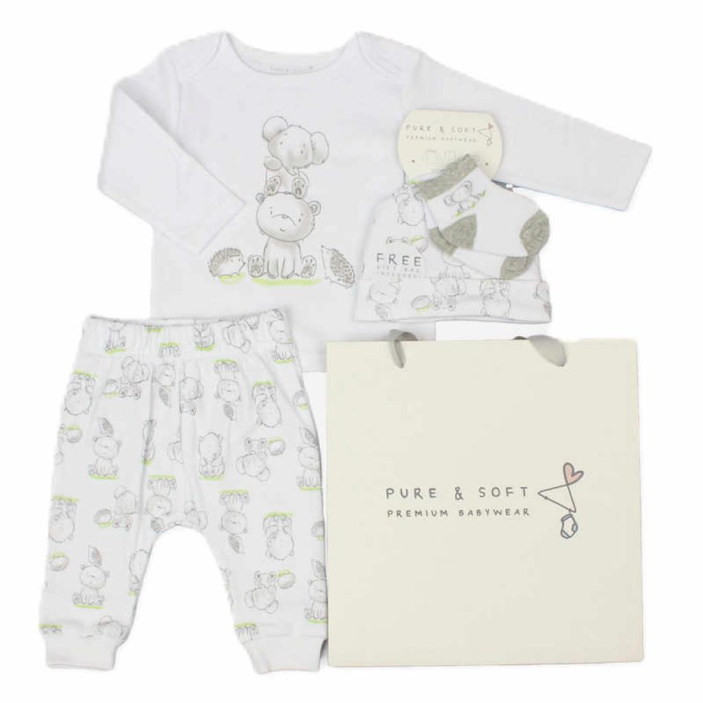 Pure & Soft GFT/E13340 * PSE13340 Sketchy Animals 5 Piece Gift Set with Bag (0-6 months)