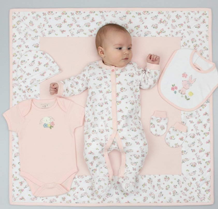 Pure & Soft GFT/M15902 0-3m =505750099354, 3-6m = 505750099361, 6-9 = 505750099378 PSM15902 5 Piece Layette set "Bunny" ( 0-6 months)