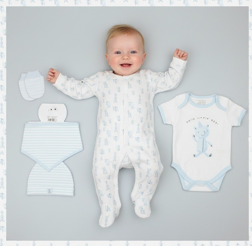 Pure & Soft GFT/M15919 0-3m =505750099866, 3-6m = 505750099873, 6-9 = 505750099880 PSM15919 5 Piece Layette set "bear" ( 0-9 months)