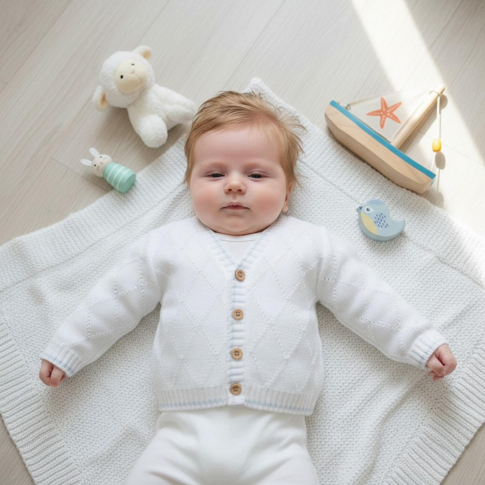Pex B0514 * PX0514WB White and Sky Cotton  Joshua Cardigan (9-24 months)