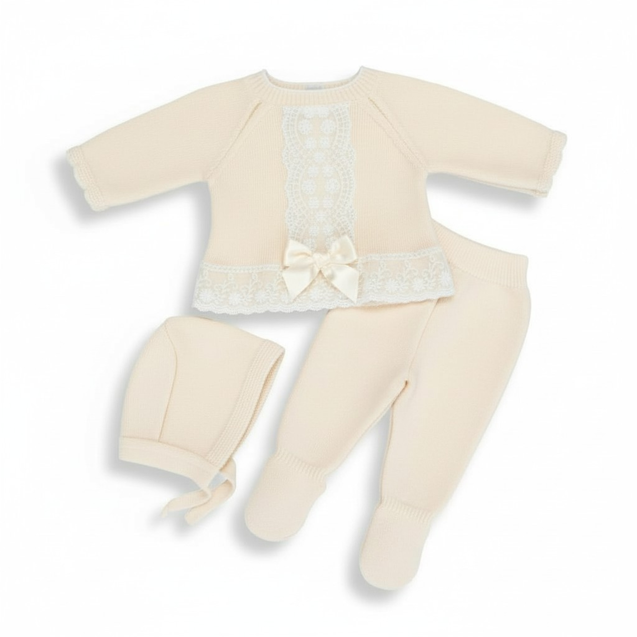 Pex MC0752  PX0752I Ivory Florence Knit "Lace and Bow" 3 Piece Set (Nb-9m)