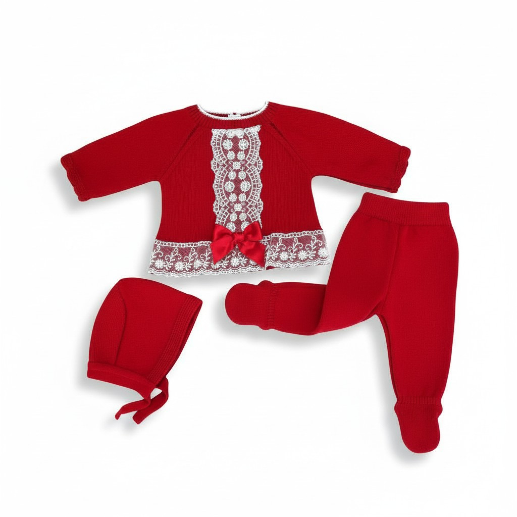 Pex 0752  PX0752R Red Florence Knitted "Lace and Bow" 3 Piece Set (Nb-9m)