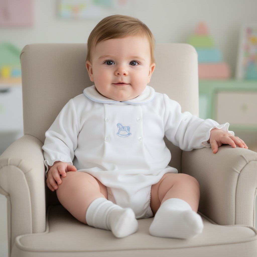 Pex B1036 * PX1036_AW White/Sky  George Romper (Newborn - 6 months)
