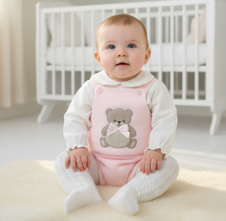 Pex B1107 * PX1107-P-A Pink "Teddy" Dungaree Set (Nb-9 months)