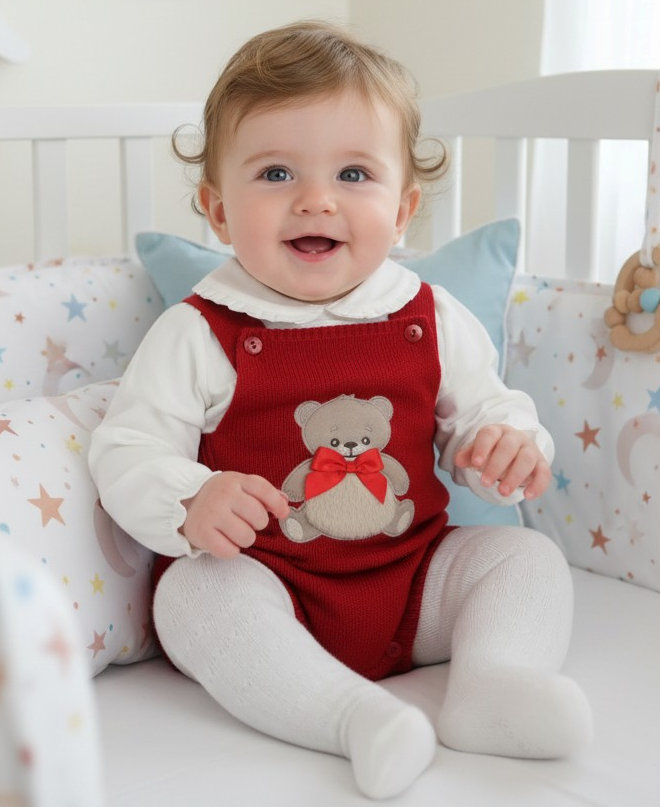 Pex B1107 * PX1110-R-A Red"Teddy" Dungaree Set (Nb-9 months)