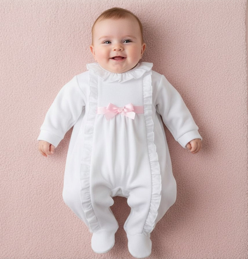 Pex B9880014 * PX9880WP White and Pink Velour Victoria Sleepsuit (NB-6m)