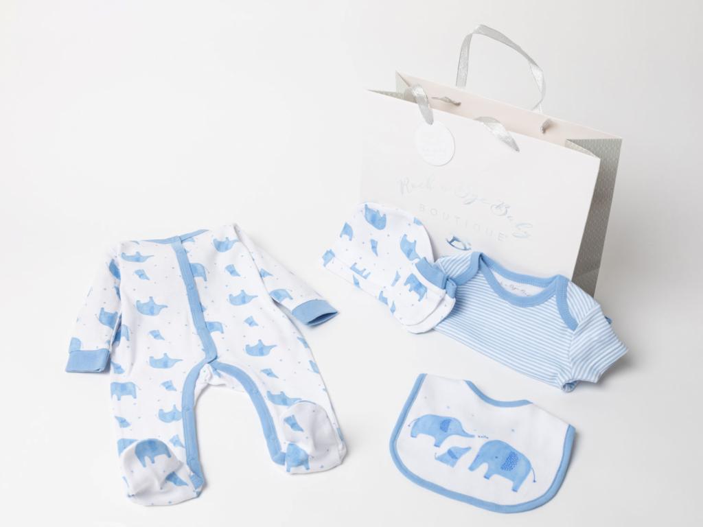 Rock a bye boutique W22410 SS22 5056448252070 RBBW22410B  5 piece layette "Elephants" with gift bag (Nb-6)