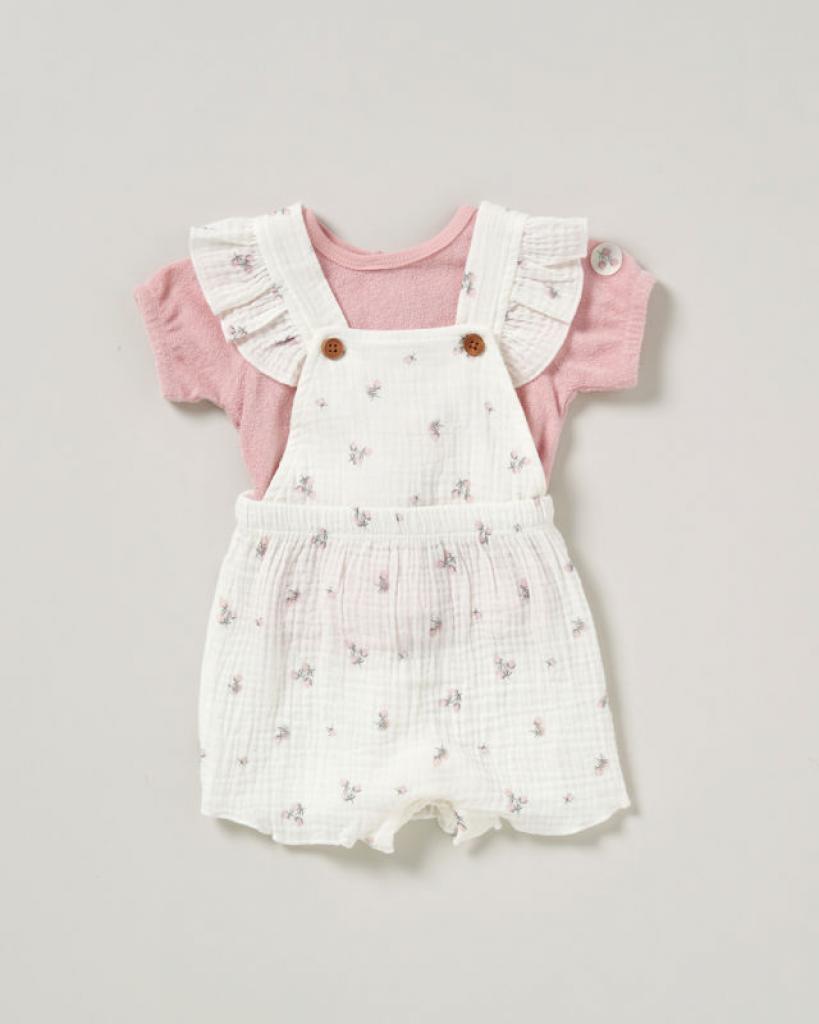 Rock a bye boutique D07205 5056623281888 RBD07205 "Strawberry" Crinkle Muslin Dungaree Set (0-12 months)