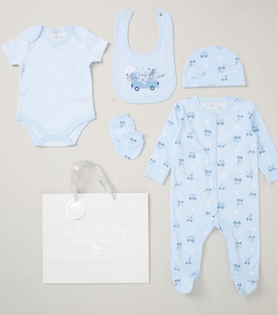 Rock a bye boutique E08442 NB=5056756515850, 0-3m=5056756515867, 3-6m=5056756515874 RBE08842 Animals 5 Piece Layette & Bag(NB - 6m)