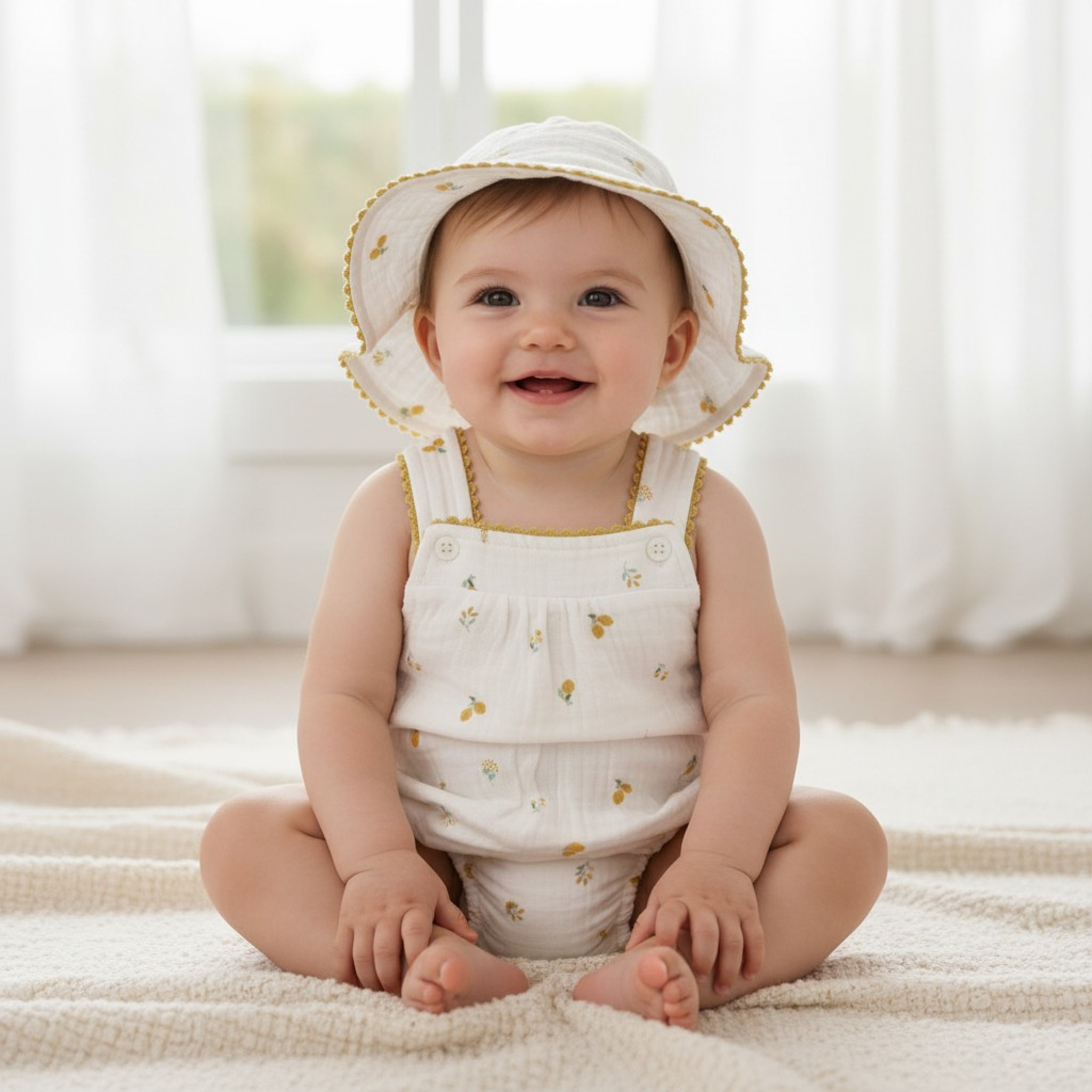 Rock a bye boutique F008989NB 5056756546595 RBF08989W Muslin "Lemons" Romper and Hat (0-12 months)