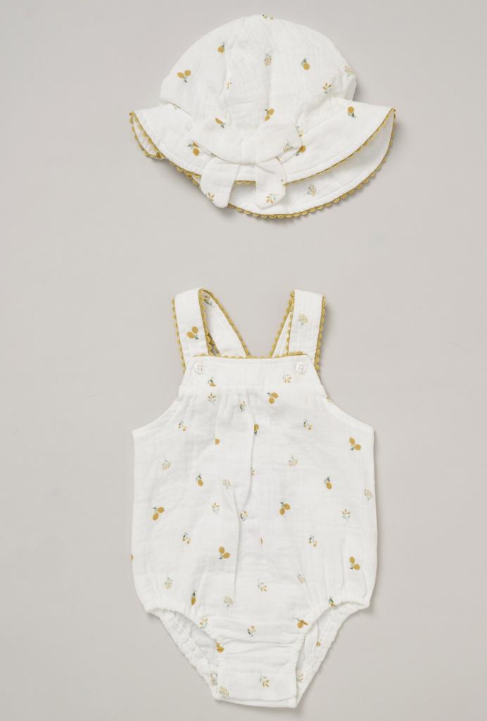 Rock a bye boutique F008989NB 5056756546595 RBF08989 Muslin "Lemons" Romper and Hat (0-12 months)