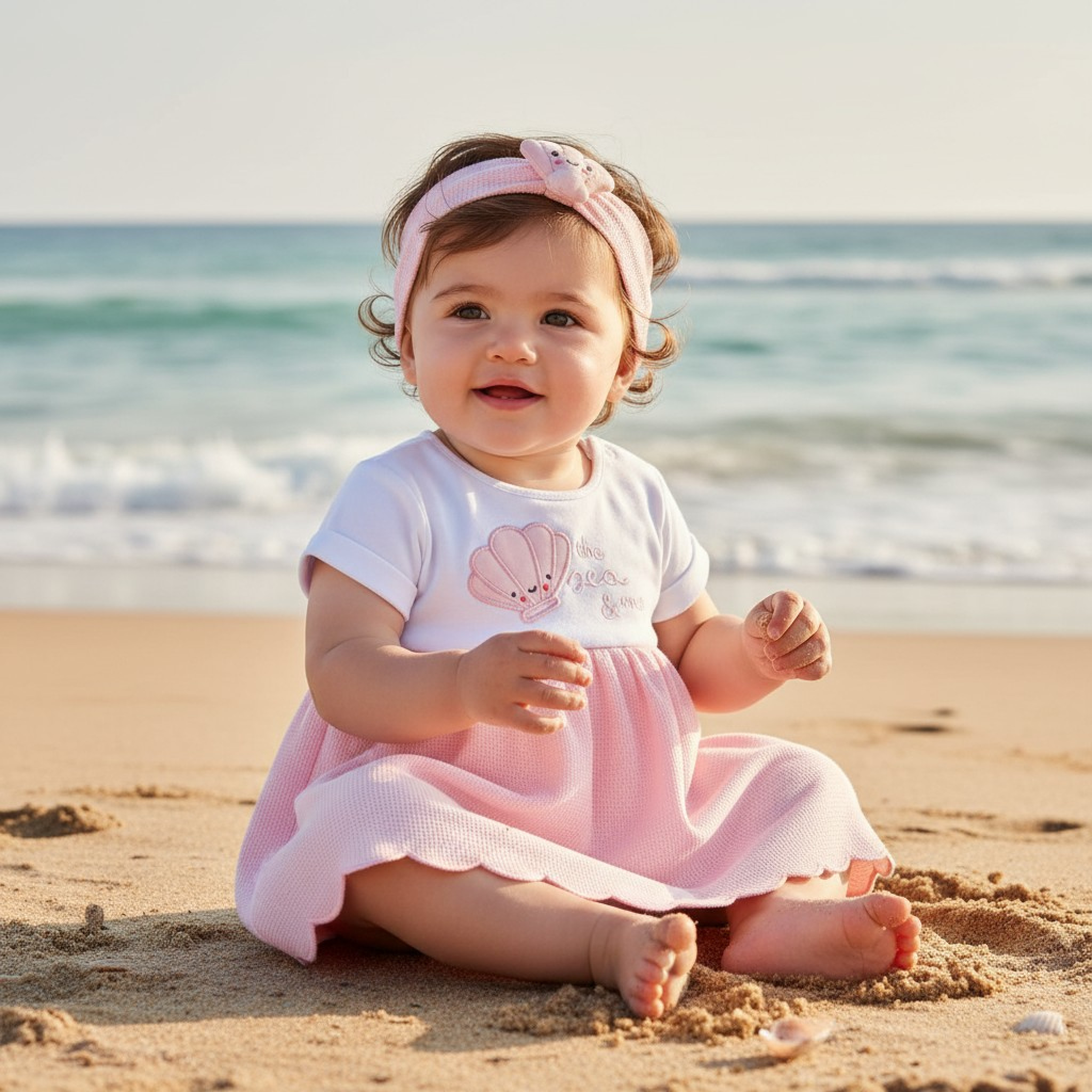 Rock a bye boutique F09018NB 5056756546991 RBF09019-P Seashell Scalloped Waffle Dress Set(0-12 months)