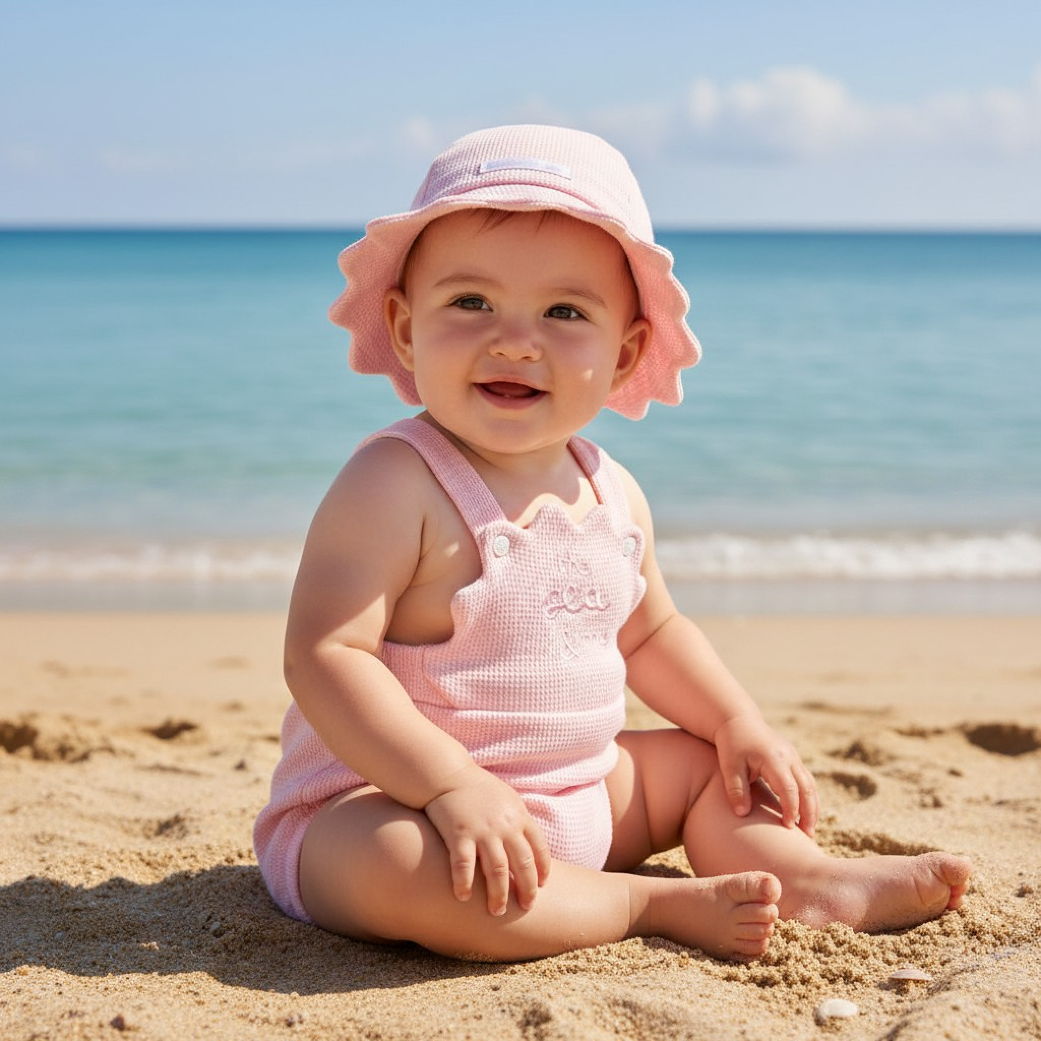 Rock a bye boutique F09020NB 5056756547042 RBF09020P Seashell Scalloped Waffle Romper & Hat Set (0-12m)