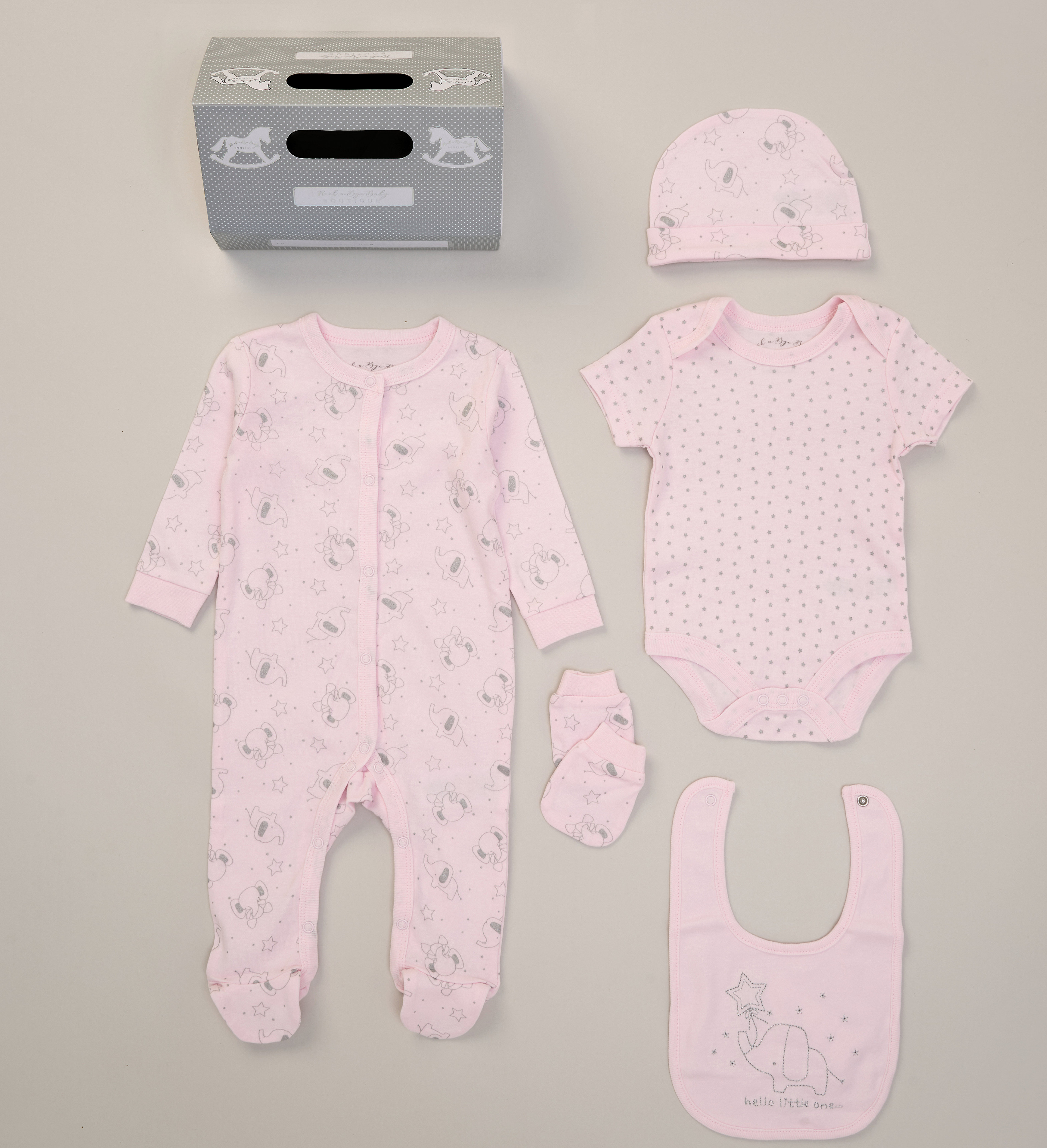 Rock a bye boutique F09905NB * RBF09905P Sparkle "Hello" 5 Piece Layette Set (Nb-6 months)
