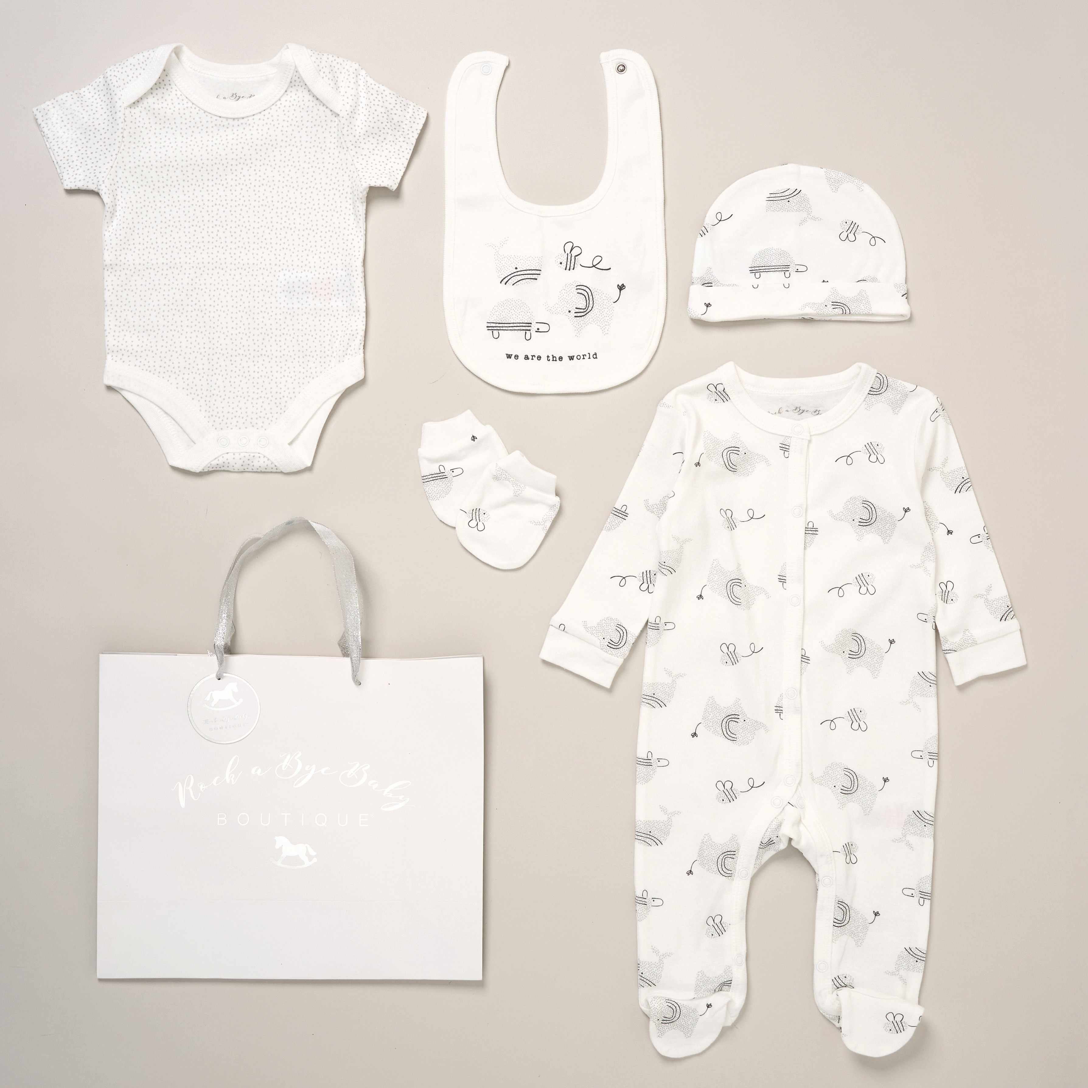 Rock a bye boutique F10099NB * RBF10099-W  Elephant 5 Piece Layette Set (Nb-6 months)