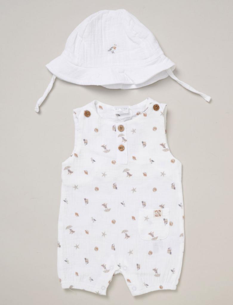 Rock a bye boutique F010221NB  RBF10221 Muslin "Seaside"  Romper and Hat (0-9 months)