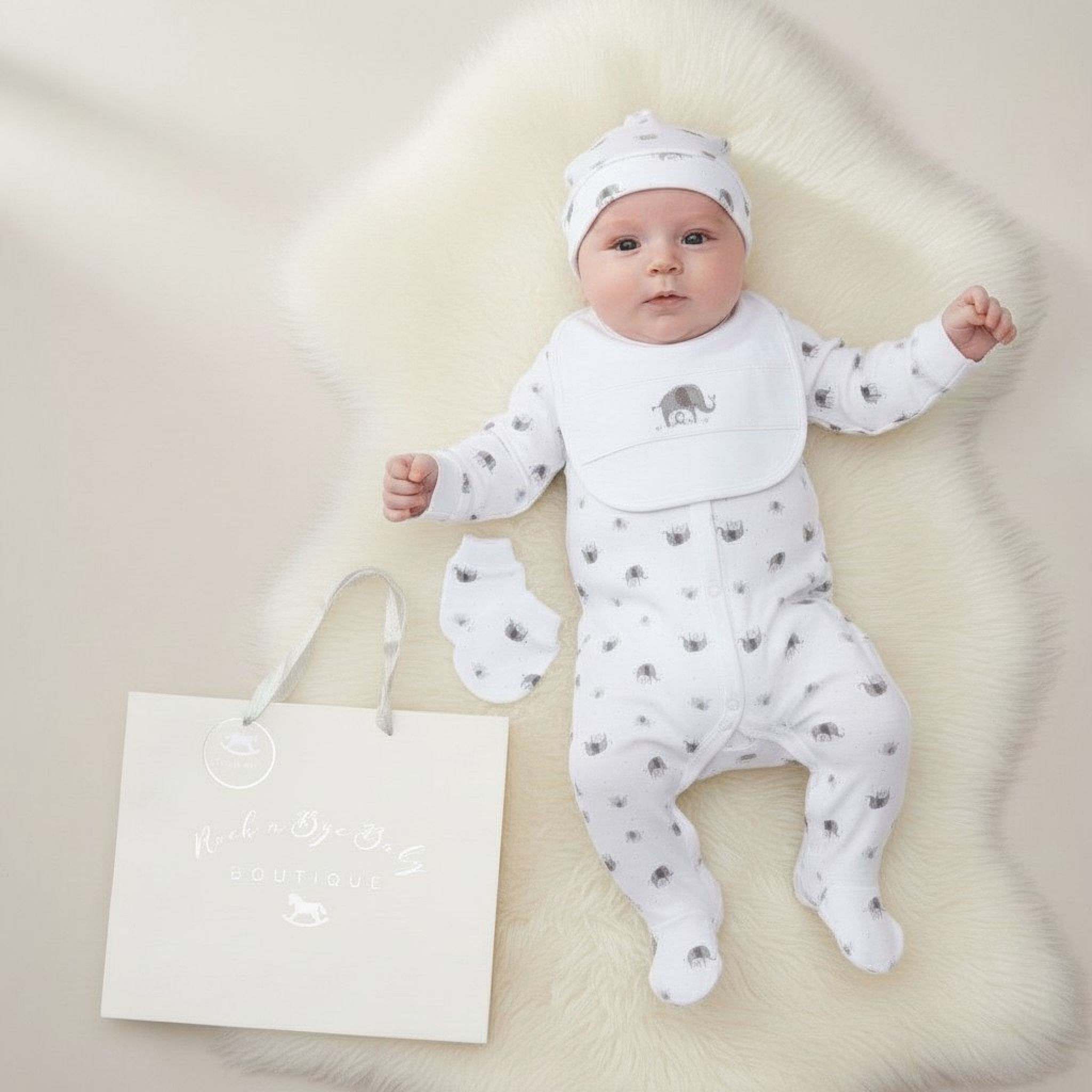 Rock a bye boutique F10399NB * RBF10399W  Elephant Set 5 Piece Layette Set (Nb-6 months)